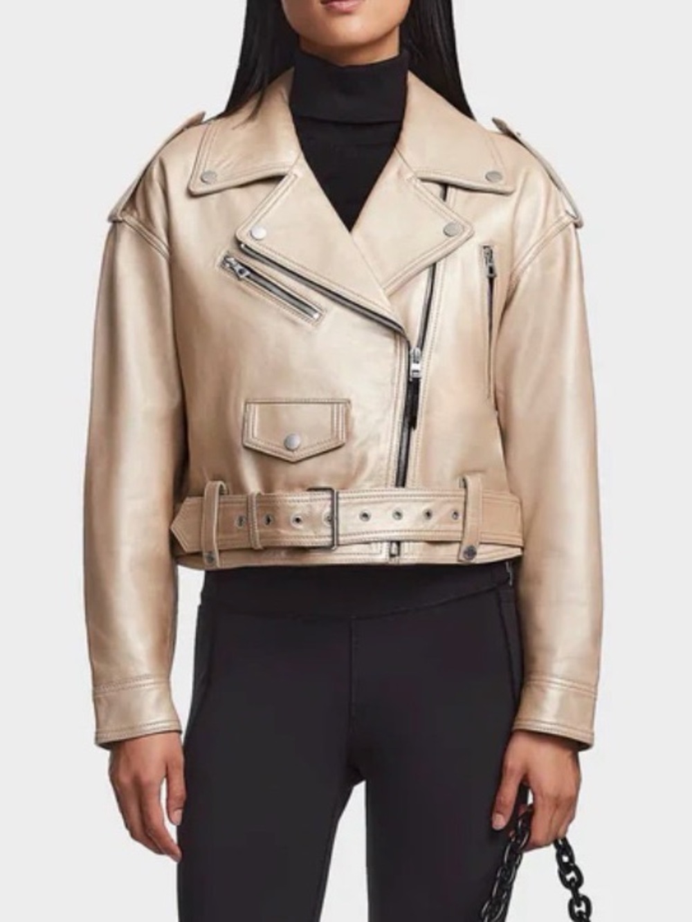 RUDSAK Metallic Ivory Leather Biker Jacket with Black Trim